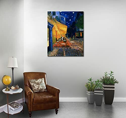 Room with leather chair, globe, and Van Gogh painting on wall. The msspart Vincent Van Gogh Canvas Wall Art is prominently displayed on the wall.