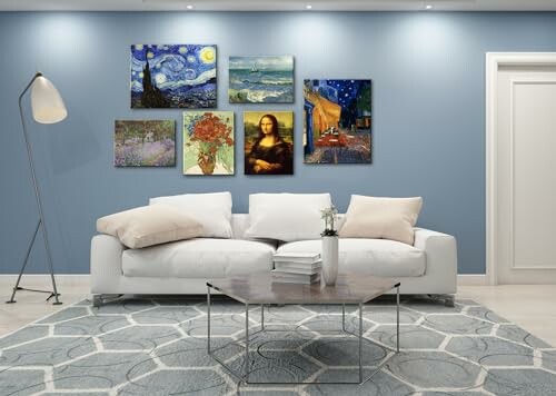 Modern living room with a white sofa, a geometric rug, and a wall displaying various famous art pieces. The msspart Vincent Van Gogh Canvas Wall Art is prominently displayed on the wall.